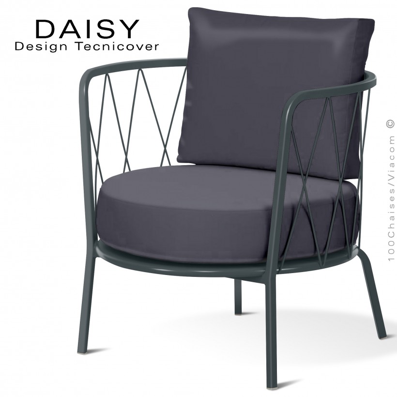 Salon de jardin ou fauteuil lounge DAISY, structure acier peint anthracite, assise deux coussins, tissu couleur anthracite.