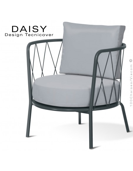 Salon de jardin ou fauteuil lounge DAISY, structure acier peint anthracite, assise deux coussins, tissu couleur argent.