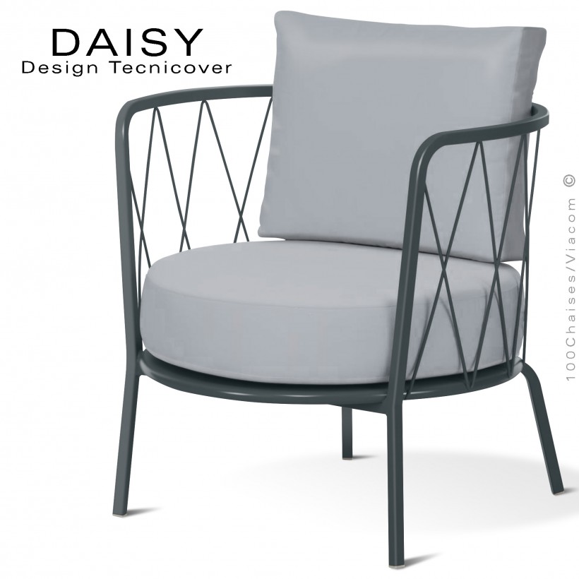 Salon de jardin ou fauteuil lounge DAISY, structure acier peint anthracite, assise deux coussins, tissu couleur argent.