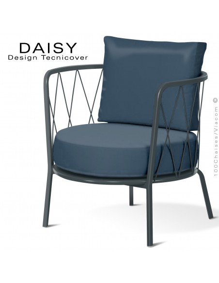 Salon de jardin ou fauteuil lounge DAISY, structure acier peint anthracite, assise deux coussins, tissu couleur bleu marine.