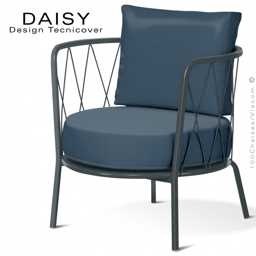 Salon de jardin ou fauteuil lounge DAISY, structure acier peint anthracite, assise deux coussins, tissu couleur bleu marine.