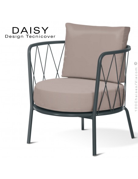 Salon de jardin ou fauteuil lounge DAISY, structure acier peint anthracite, assise deux coussins, tissu couleur écru.