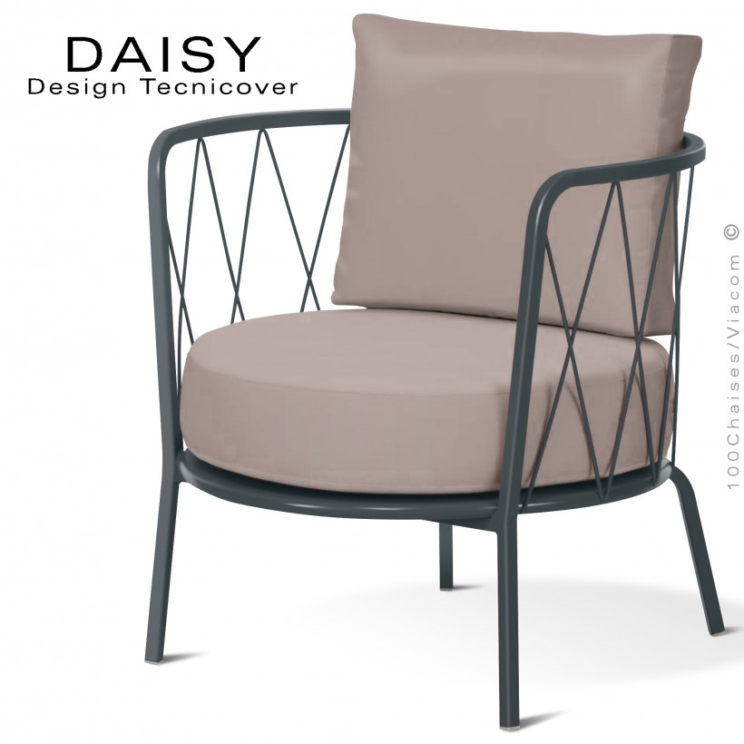 Salon de jardin ou fauteuil lounge DAISY, structure acier peint anthracite, assise deux coussins, tissu couleur écru.