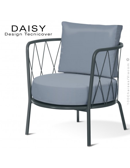 Salon de jardin ou fauteuil lounge DAISY, structure acier peint anthracite, assise deux coussins, tissu couleur gris/bleu.