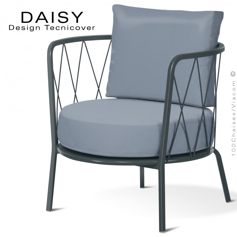 Salon de jardin ou fauteuil lounge DAISY, structure acier peint anthracite, assise deux coussins, tissu couleur gris/bleu.