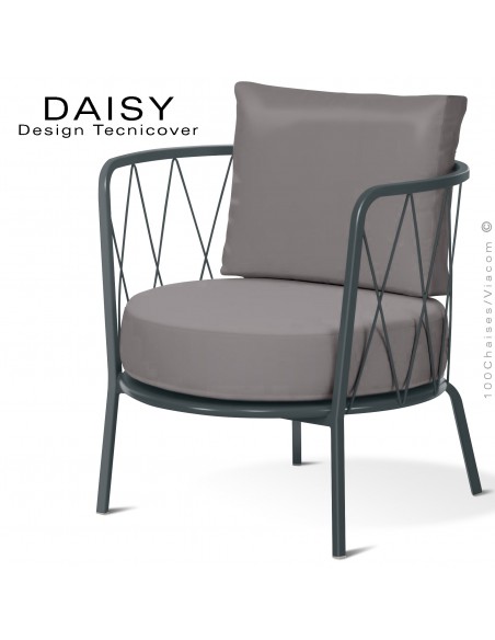 Salon de jardin ou fauteuil lounge DAISY, structure acier peint anthracite, assise deux coussins, tissu couleur taupe.