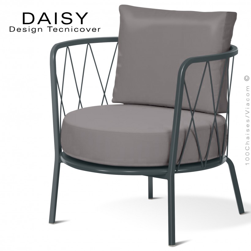 Salon de jardin ou fauteuil lounge DAISY, structure acier peint anthracite, assise deux coussins, tissu couleur taupe.