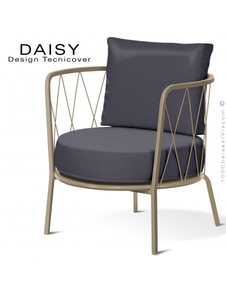 Salon de jardin ou fauteuil lounge DAISY, structure acier peint beige, assise deux coussins, tissu couleur anthracite.