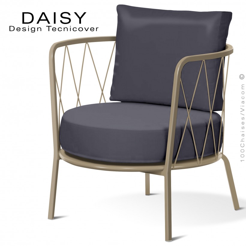 Salon de jardin ou fauteuil lounge DAISY, structure acier peint beige, assise deux coussins, tissu couleur anthracite.