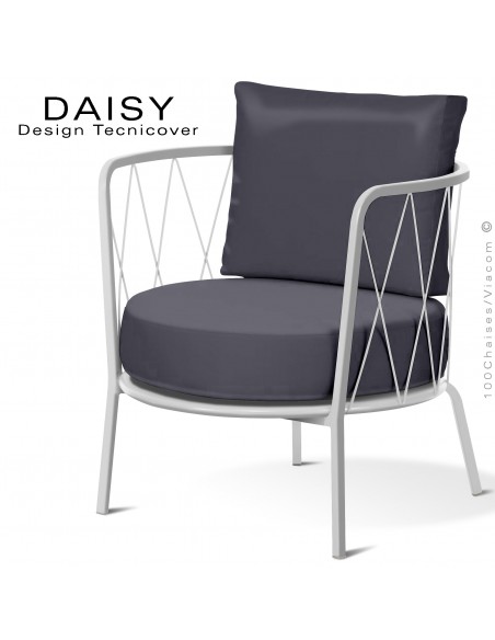 Salon de jardin ou fauteuil lounge DAISY, structure acier peint blanc, assise deux coussins, tissu couleur anthracite.