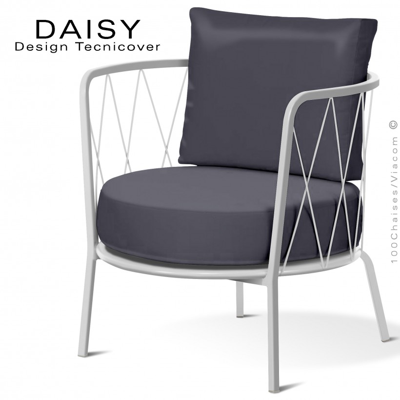 Salon de jardin ou fauteuil lounge DAISY, structure acier peint blanc, assise deux coussins, tissu couleur anthracite.