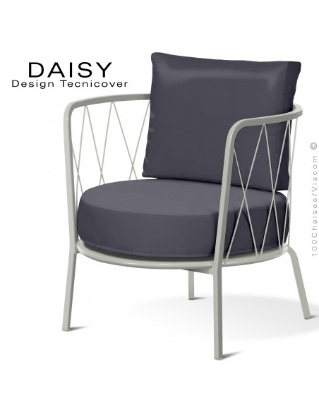 Salon de jardin ou fauteuil lounge DAISY, structure acier peint blanc perle, assise deux coussins, tissu couleur anthracite.