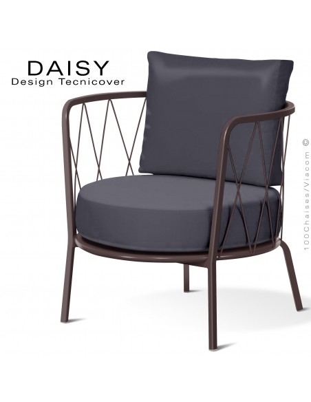 Salon de jardin ou fauteuil lounge DAISY, structure acier peint bronze, assise deux coussins, tissu couleur anthracite.