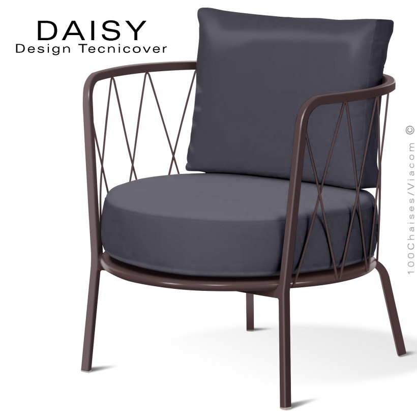 Salon de jardin ou fauteuil lounge DAISY, structure acier peint bronze, assise deux coussins, tissu couleur anthracite.