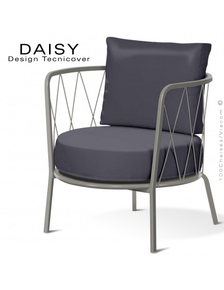 Salon de jardin ou fauteuil lounge DAISY, structure acier peint gris Tourterelle, assise deux coussins, couleur anthracite.