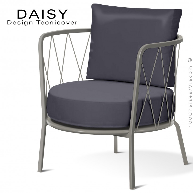 Salon de jardin ou fauteuil lounge DAISY, structure acier peint gris Tourterelle, assise deux coussins, couleur anthracite.