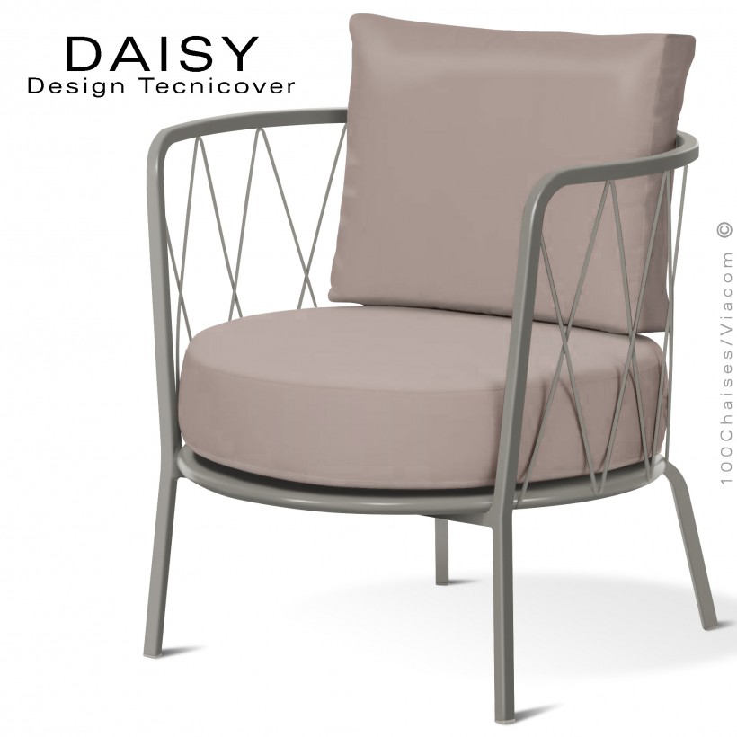 Salon de jardin ou fauteuil lounge DAISY, structure acier peint gris Tourterelle, assise deux coussins, couleur écru.