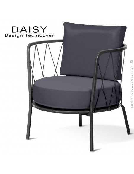 Salon de jardin ou fauteuil lounge DAISY, structure acier peint noir, assise deux coussins, tissu couleur anthracite.