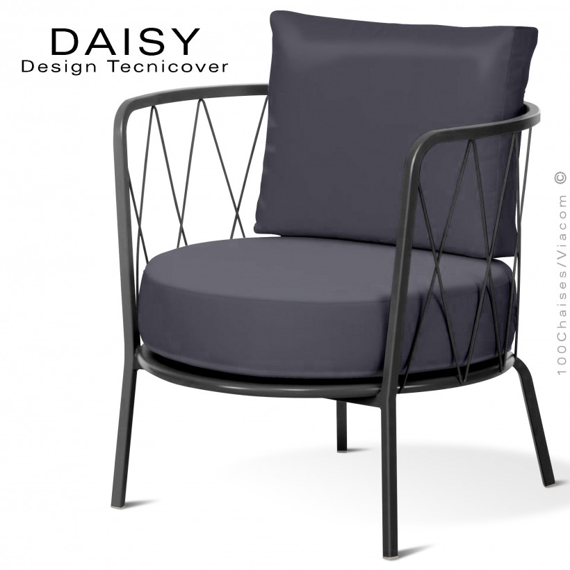 Salon de jardin ou fauteuil lounge DAISY, structure acier peint noir, assise deux coussins, tissu couleur anthracite.