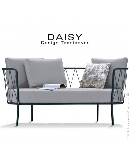 Salon de jardin, canapé lounge DAISY, structure acier peint anthracite, assise dossier trois coussins argent.