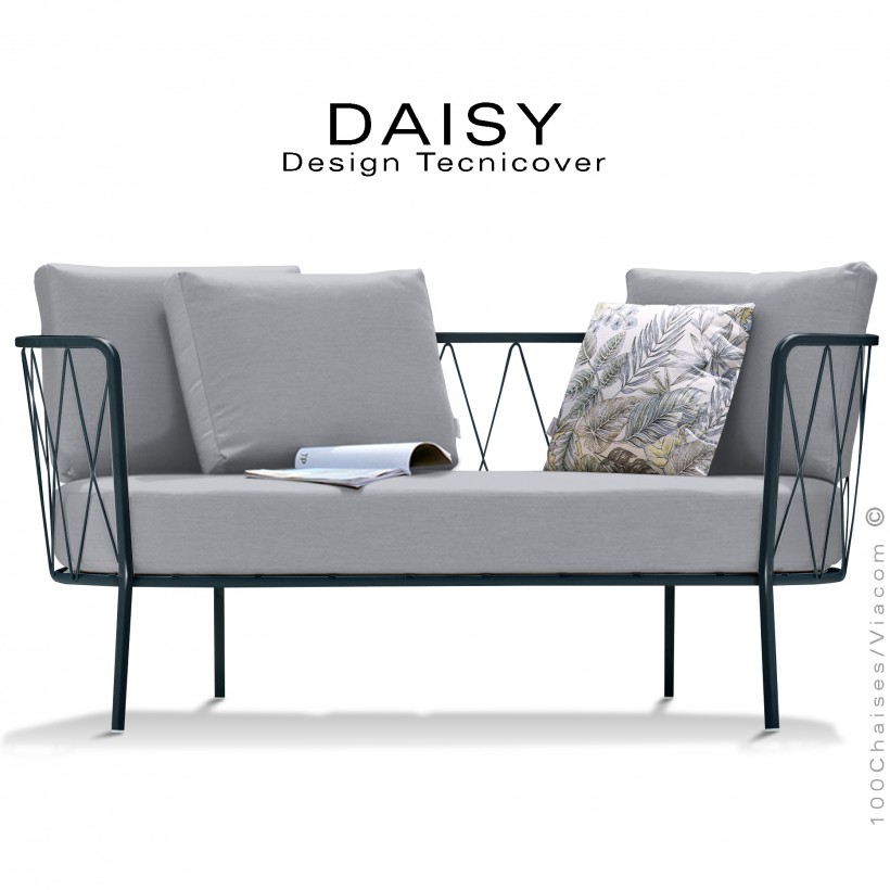 Salon de jardin, canapé lounge DAISY, structure acier peint anthracite, assise dossier trois coussins argent.