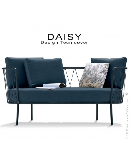 Salon de jardin, canapé lounge DAISY, structure acier peint anthracite, assise dossier trois coussins bleu marine.