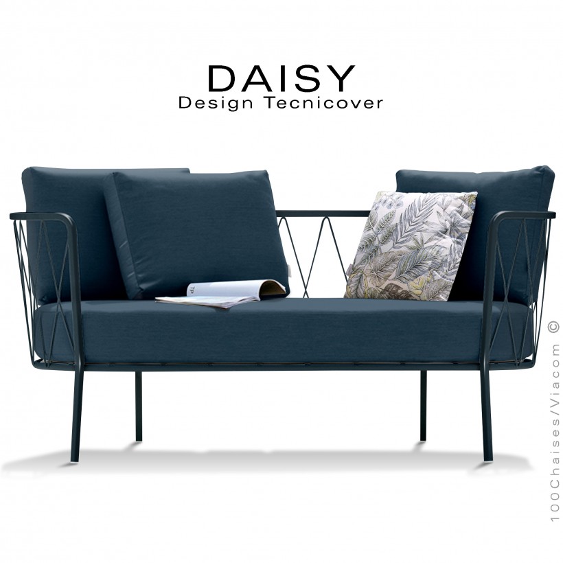 Salon de jardin, canapé lounge DAISY, structure acier peint anthracite, assise dossier trois coussins bleu marine.