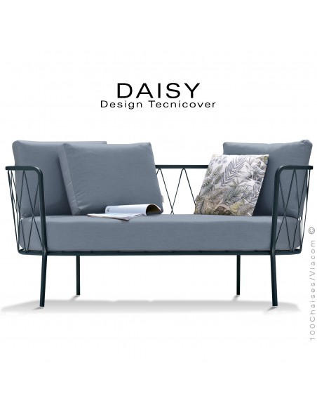 Salon de jardin, canapé lounge DAISY, structure acier peint anthracite, assise dossier trois coussins gris-bleu.