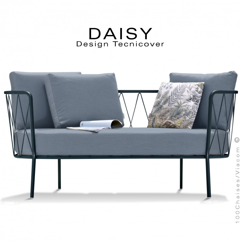 Salon de jardin, canapé lounge DAISY, structure acier peint anthracite, assise dossier trois coussins gris-bleu.