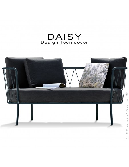 Salon de jardin, canapé lounge DAISY, structure acier peint anthracite, assise dossier trois coussins noir.