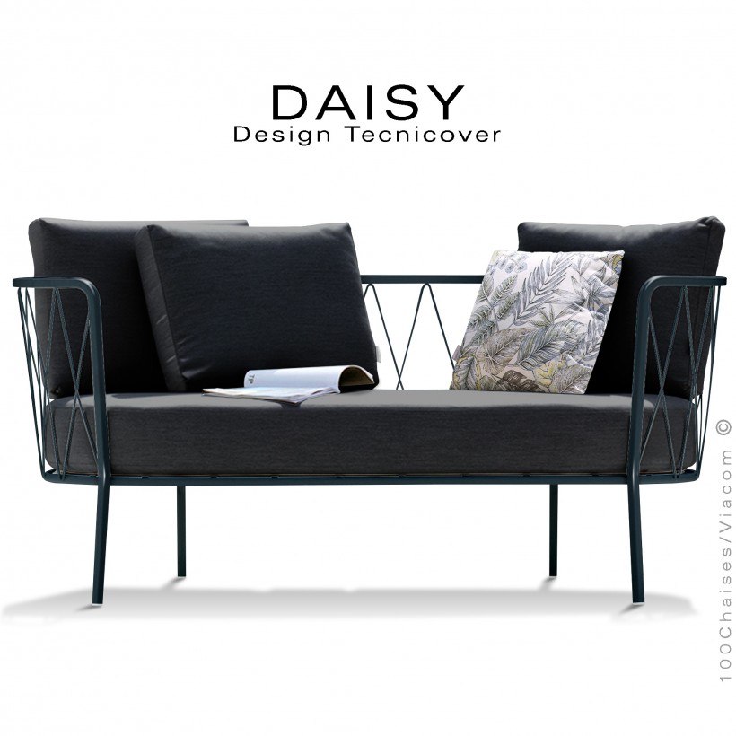 Salon de jardin, canapé lounge DAISY, structure acier peint anthracite, assise dossier trois coussins noir.