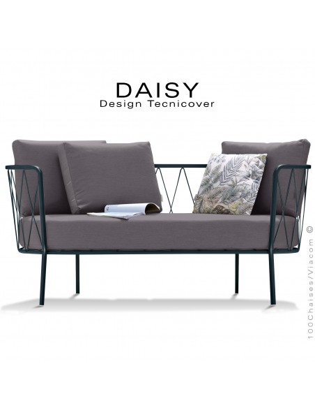 Salon de jardin, canapé lounge DAISY, structure acier peint anthracite, assise dossier trois coussins taupe.