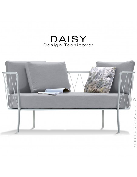 Salon de jardin, canapé lounge DAISY, structure acier peint blanc, assise dossier trois coussins argent.