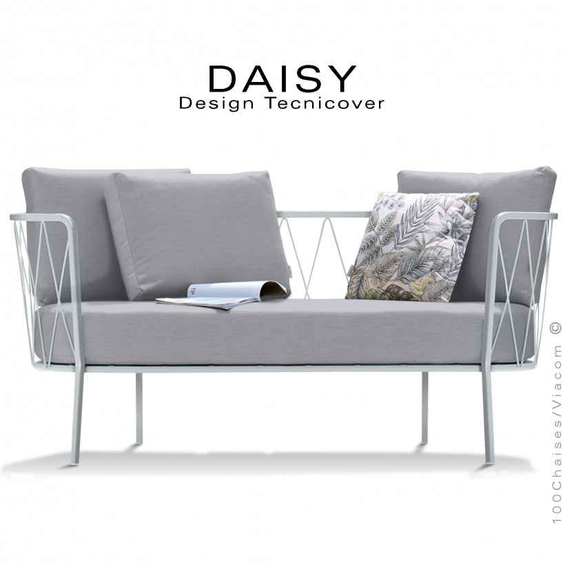 Salon de jardin, canapé lounge DAISY, structure acier peint blanc, assise dossier trois coussins argent.