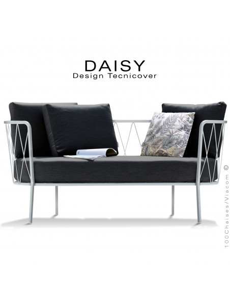 Salon de jardin, canapé lounge DAISY, structure acier peint blanc, assise dossier trois coussins noir.