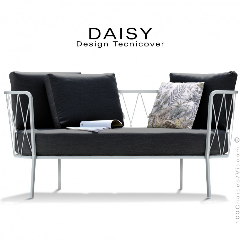 Salon de jardin, canapé lounge DAISY, structure acier peint blanc, assise dossier trois coussins noir.