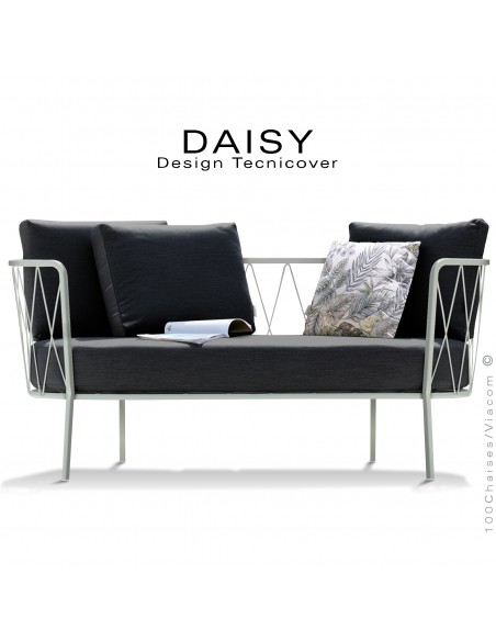 Salon de jardin, canapé lounge DAISY, structure acier peint blanc perle, assise dossier trois coussins noir.