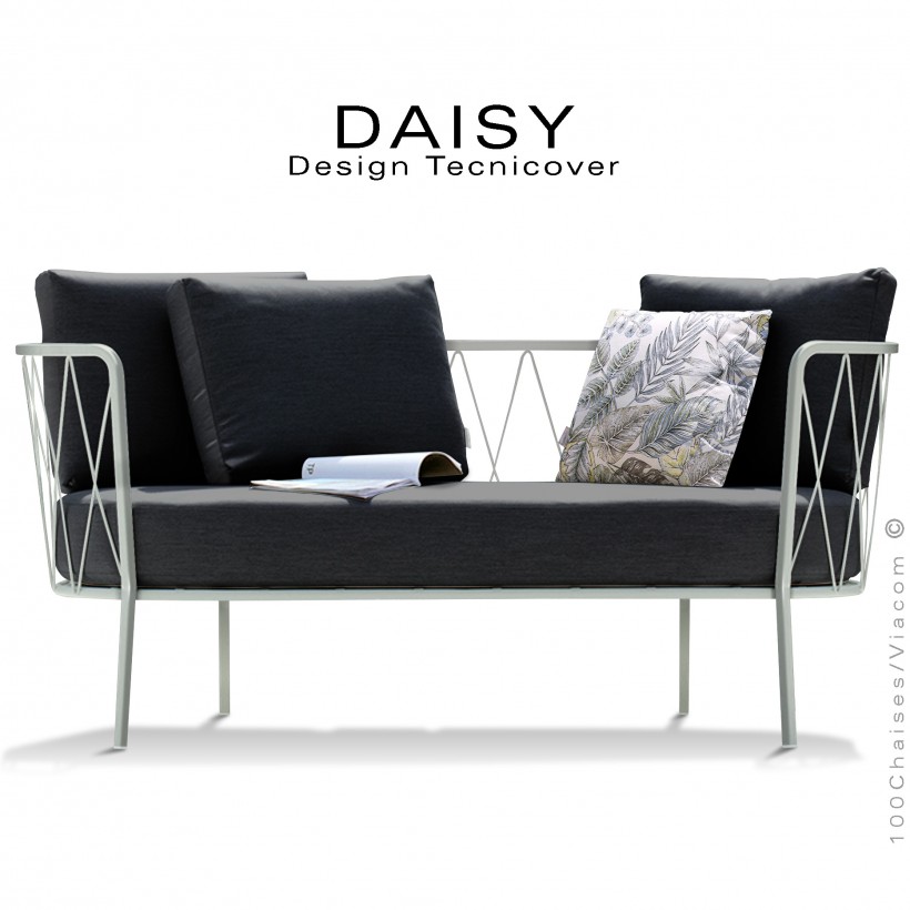 Salon de jardin, canapé lounge DAISY, structure acier peint blanc perle, assise dossier trois coussins noir.