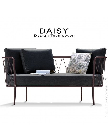 Salon de jardin, canapé lounge DAISY, structure acier peint bronze, assise dossier trois coussins noir.