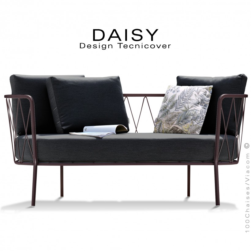 Salon de jardin, canapé lounge DAISY, structure acier peint bronze, assise dossier trois coussins noir.