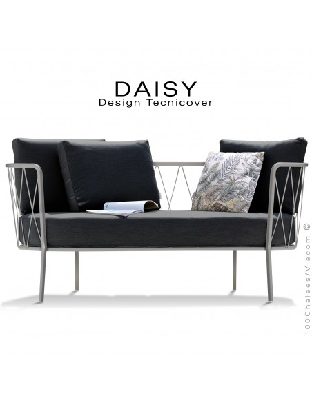 Salon de jardin, canapé lounge DAISY, structure acier peint gris Tourterelle, assise dossier trois coussins noir.