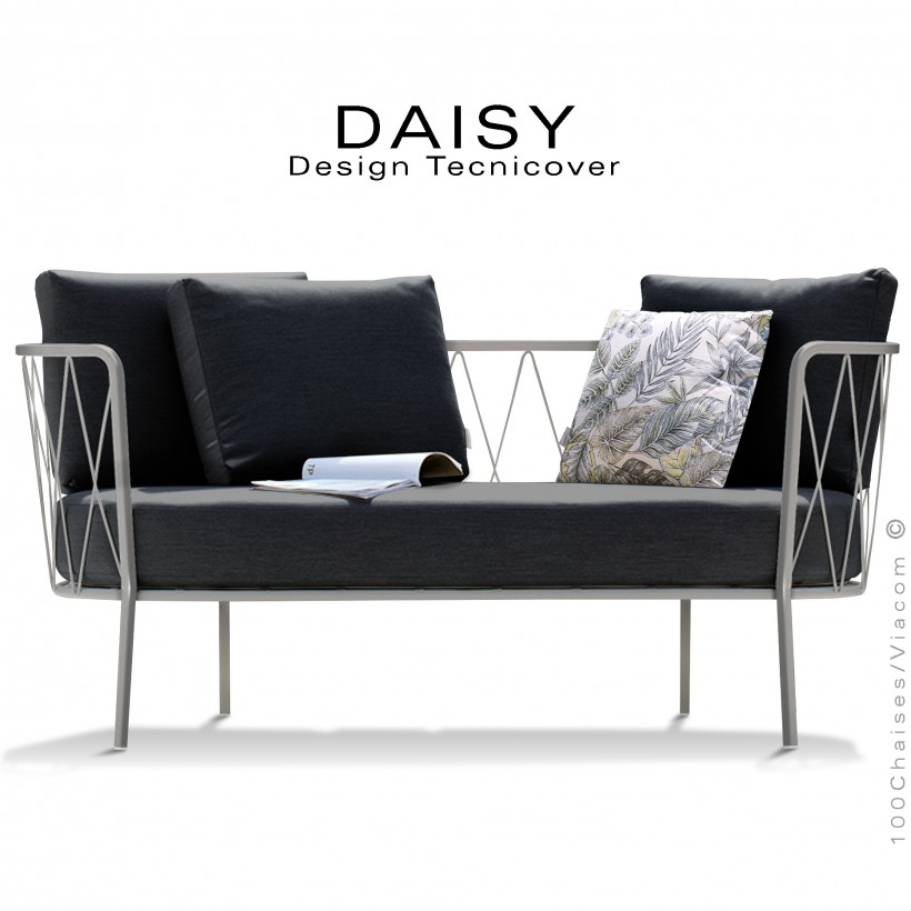 Salon de jardin, canapé lounge DAISY, structure acier peint gris Tourterelle, assise dossier trois coussins noir.