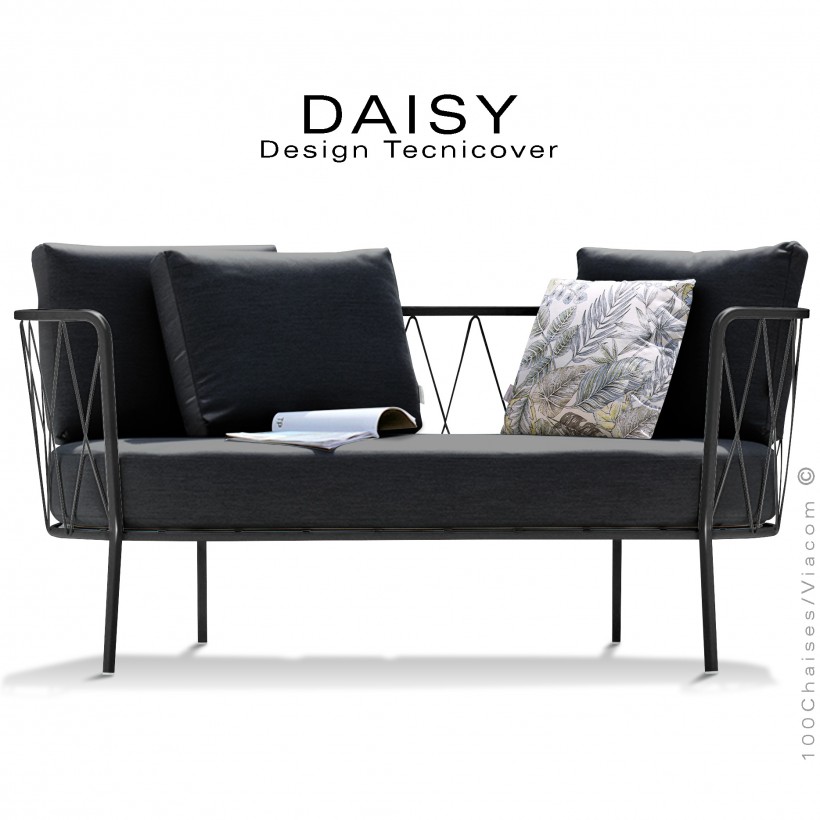 Salon de jardin, canapé lounge DAISY, structure acier peint noir, assise dossier trois coussins noir.