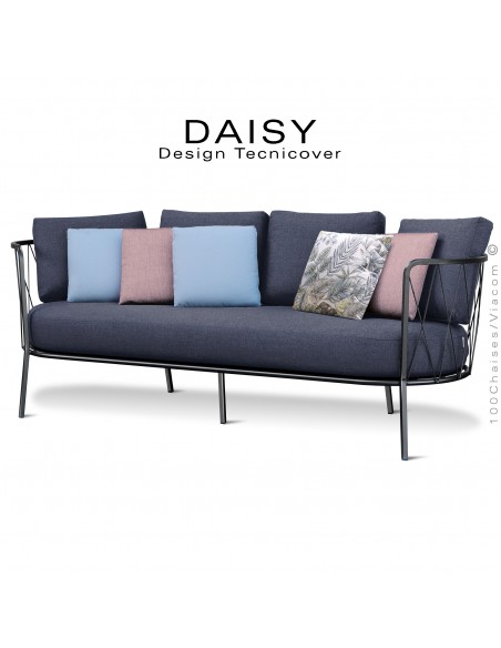 Salon de jardin, canapé lounge 3 places DAISY, structure acier peint noir, assise quatre coussins tissu couleur anthracite.