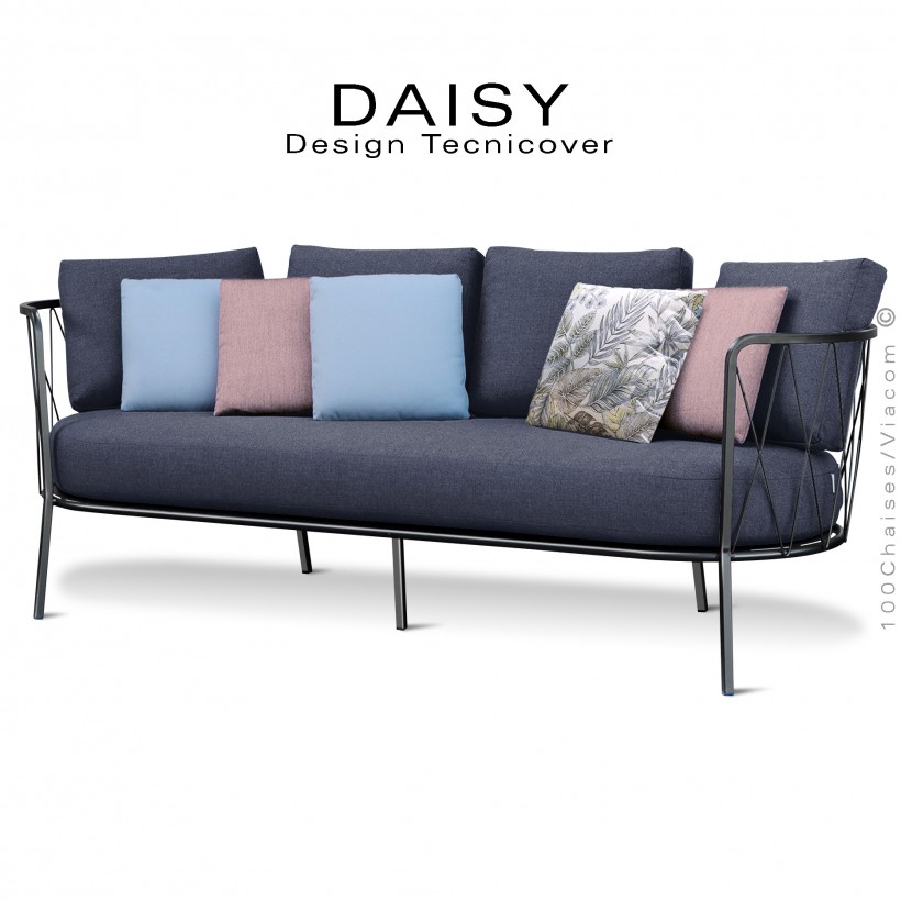 Salon de jardin, canapé lounge 3 places DAISY, structure acier peint noir, assise quatre coussins tissu couleur anthracite.