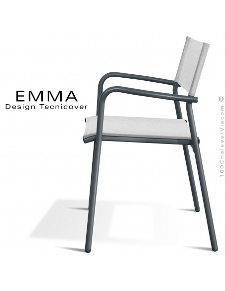 Fauteuil d'extérieur EMMA, structure aluminium peint anthracite, assise et dossier Batyline couleur blanc.