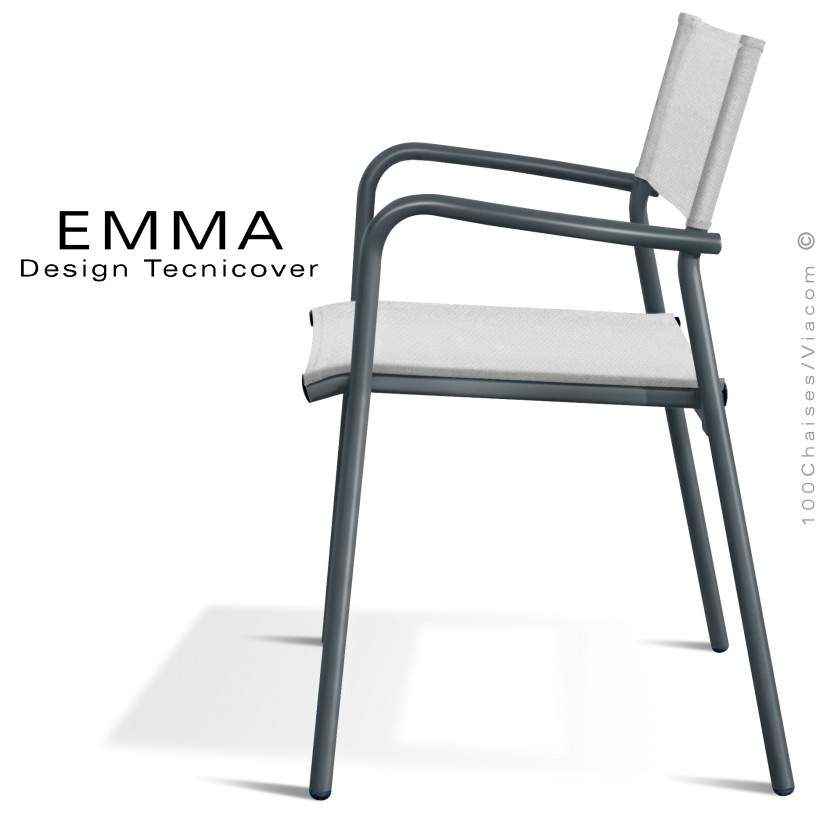 Fauteuil d'extérieur EMMA, structure aluminium peint anthracite, assise et dossier Batyline couleur blanc.