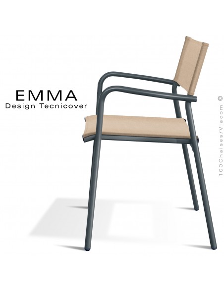 Fauteuil d'extérieur EMMA, structure aluminium peint anthracite, assise et dossier Batyline couleur écru.