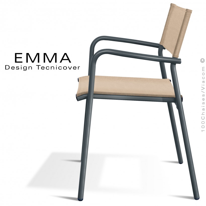 Fauteuil d'extérieur EMMA, structure aluminium peint anthracite, assise et dossier Batyline couleur écru.