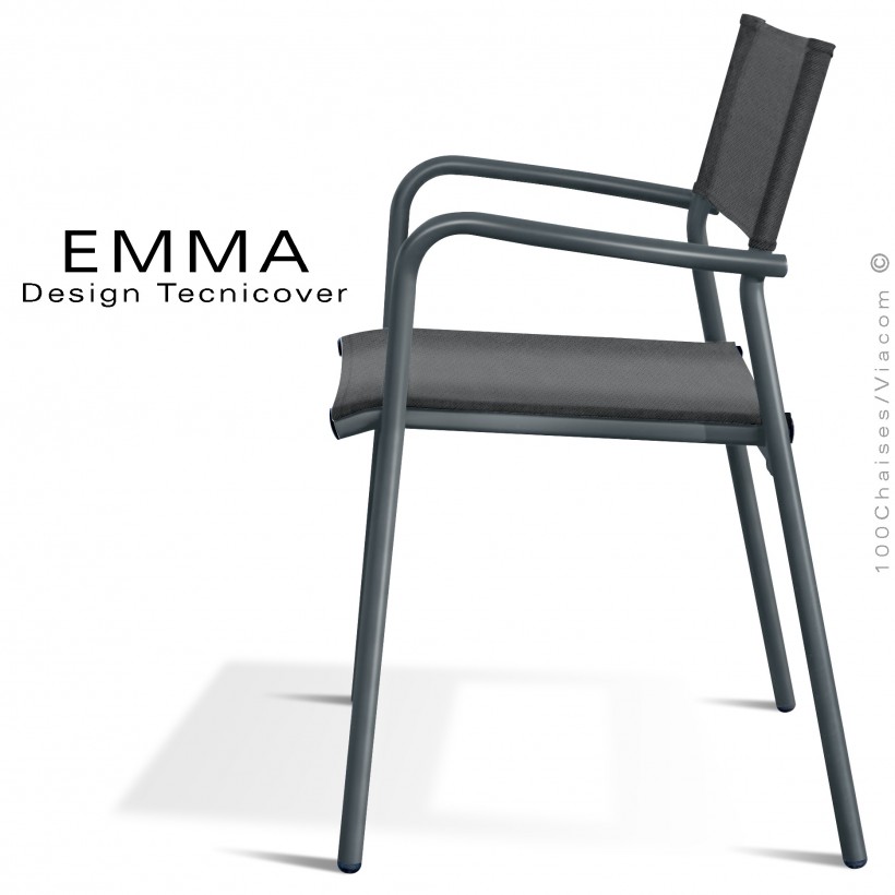 Fauteuil d'extérieur EMMA, structure aluminium peint anthracite, assise et dossier Batyline couleur noir.